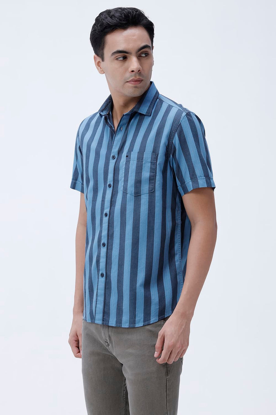 BASICS SLIM FIT BLUE SEA COTTON HERRING BONE STRIPE HALFSLEEVES SHIRT