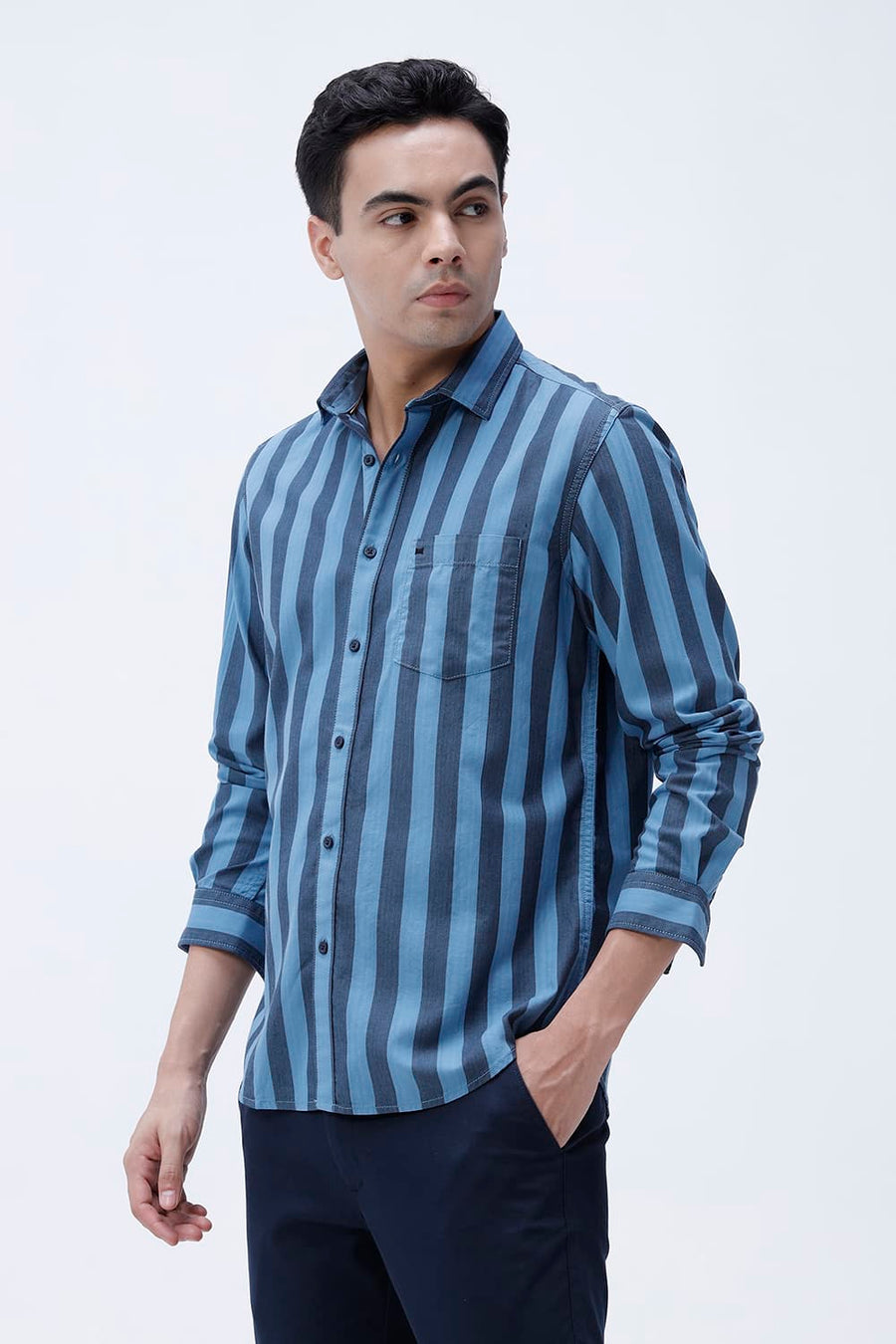 BASICS SLIM FIT BLUE SEA COTTON HERRING BONE STRIPE SHIRT