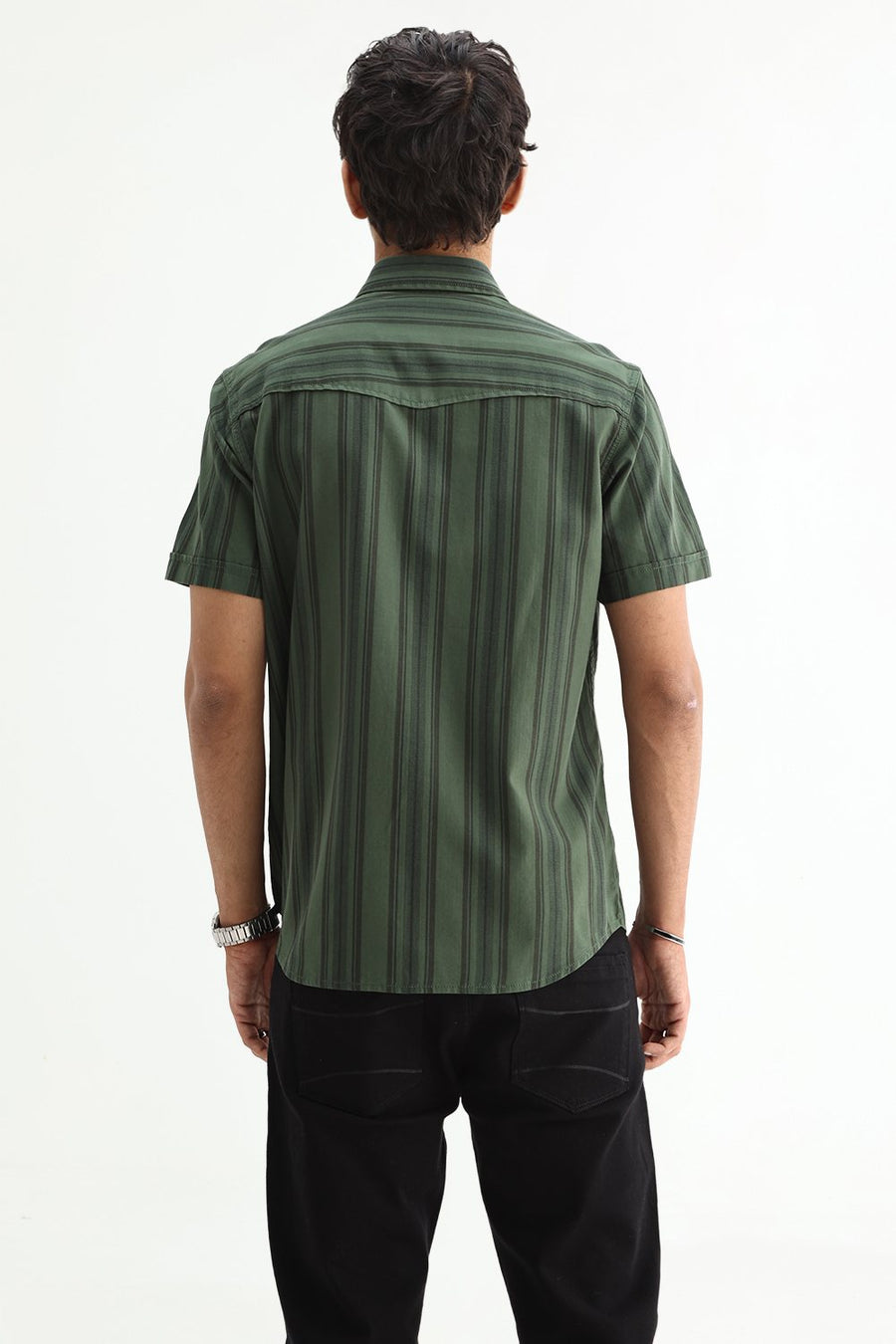BASICS SLIM FIT GREEN FOREST COTTON HERRING BONE STRIPE SHIRT