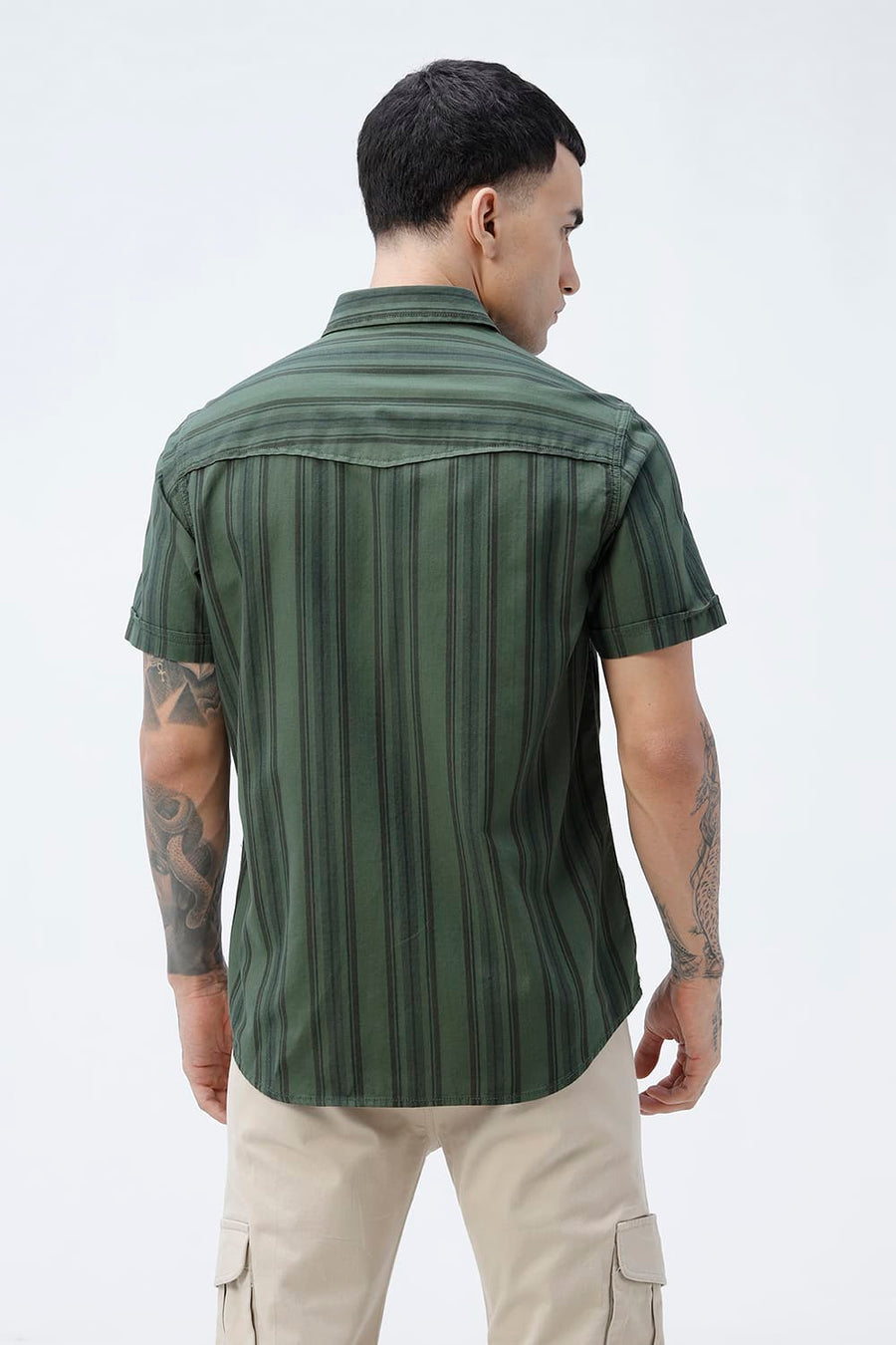 BASICS SLIM FIT GREEN FOREST COTTON HERRING BONE STRIPE HALFSLEEVES SHIRT