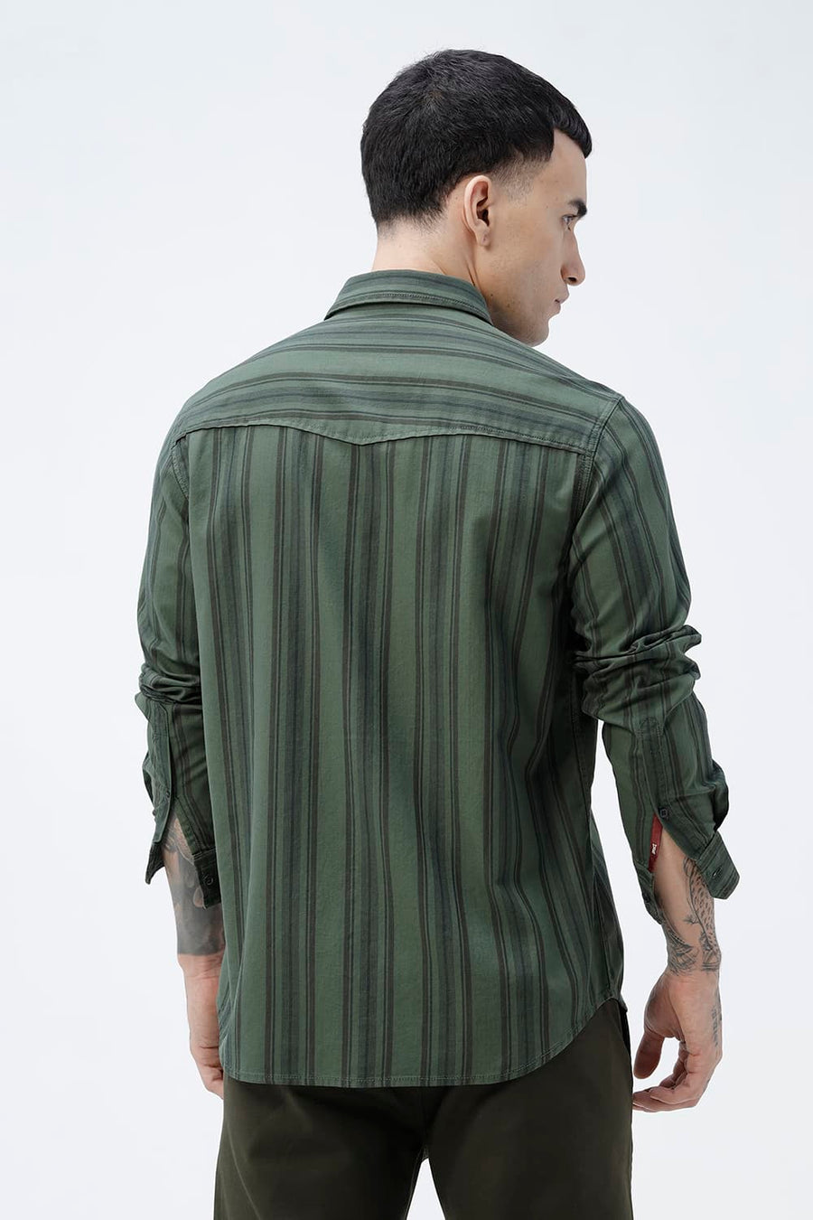BASICS SLIM FIT GREEN FOREST COTTON HERRING BONE STRIPE SHIRT