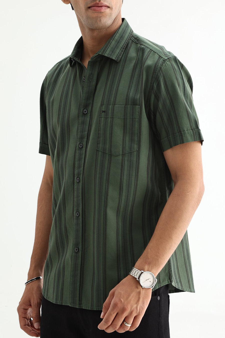 BASICS SLIM FIT GREEN FOREST COTTON HERRING BONE STRIPE SHIRT