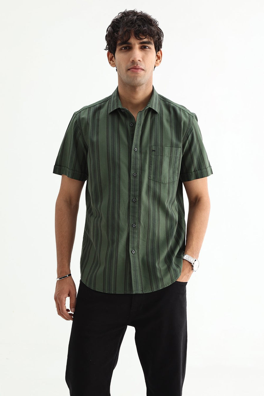 BASICS SLIM FIT GREEN FOREST COTTON HERRING BONE STRIPE SHIRT