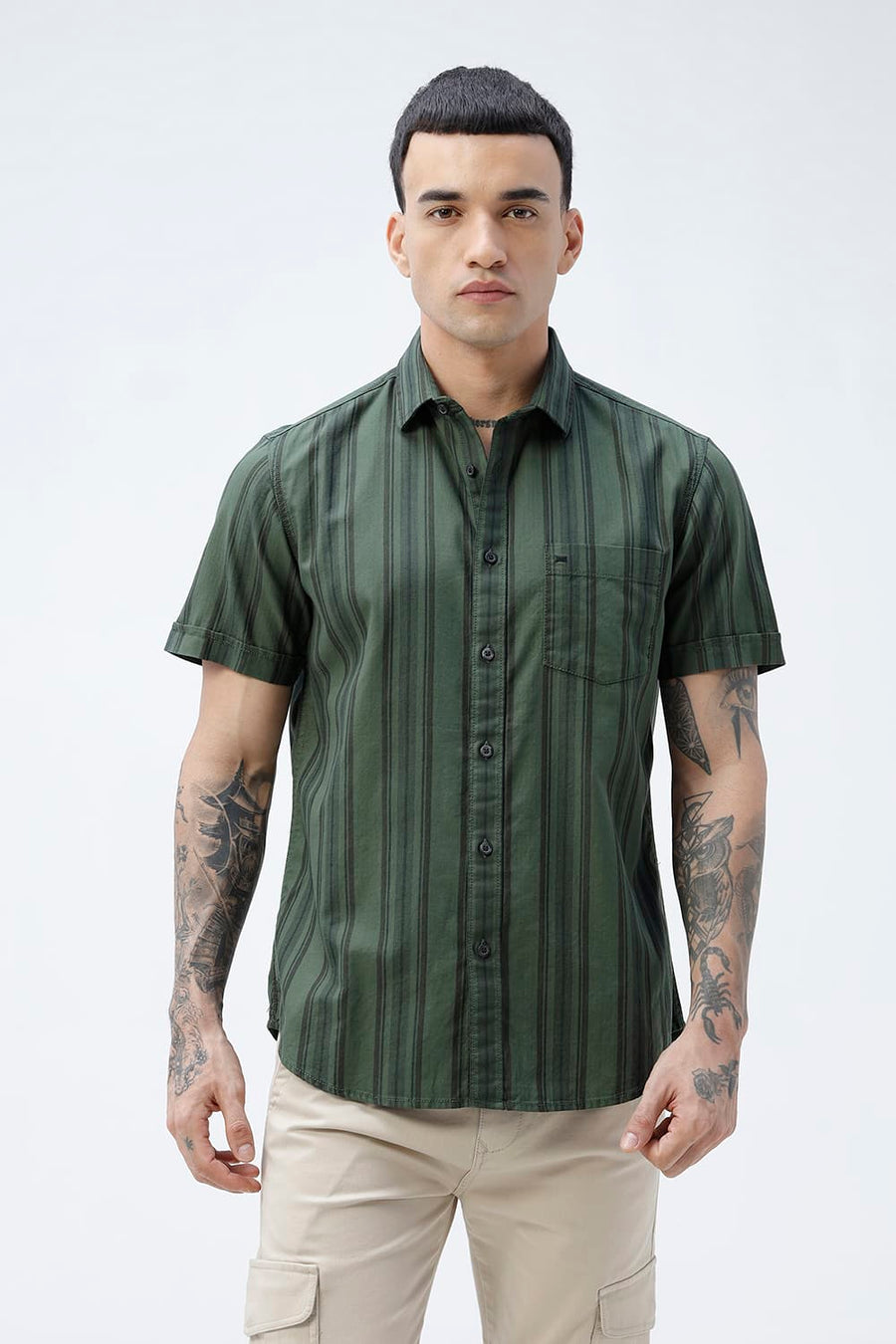 BASICS SLIM FIT GREEN FOREST COTTON HERRING BONE STRIPE HALFSLEEVES SHIRT