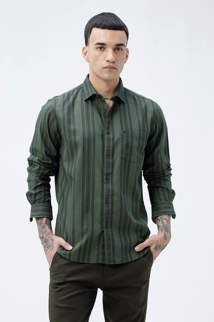 BASICS SLIM FIT GREEN FOREST COTTON HERRING BONE STRIPE SHIRT