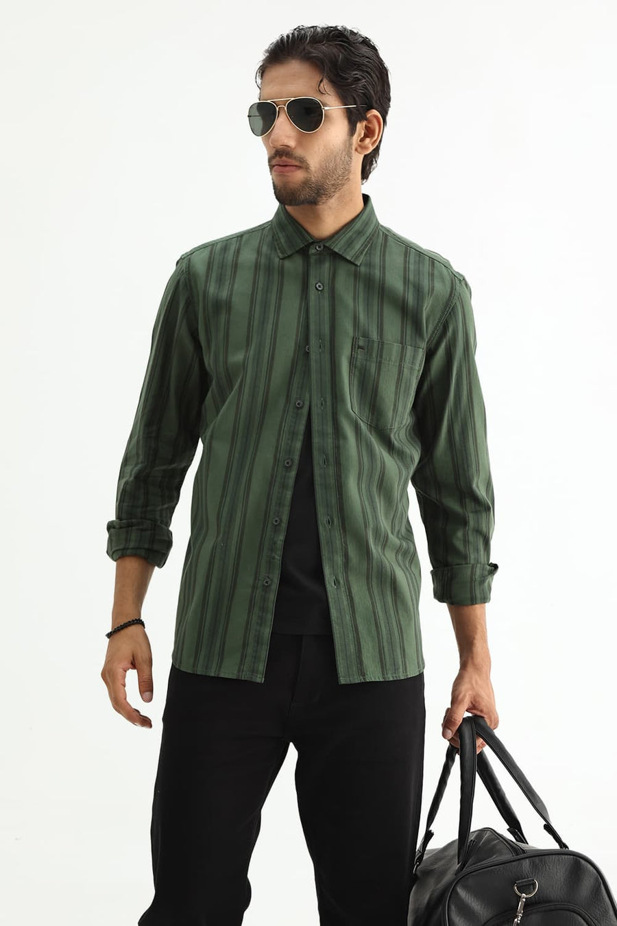 BASICS SLIM FIT GREEN FOREST COTTON HERRING BONE STRIPE SHIRT