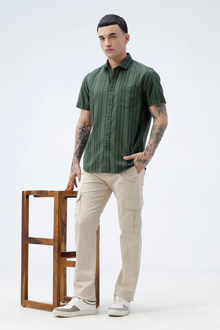 BASICS SLIM FIT GREEN FOREST COTTON HERRING BONE STRIPE HALFSLEEVES SHIRT