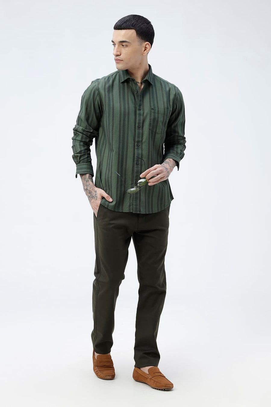 BASICS SLIM FIT GREEN FOREST COTTON HERRING BONE STRIPE SHIRT