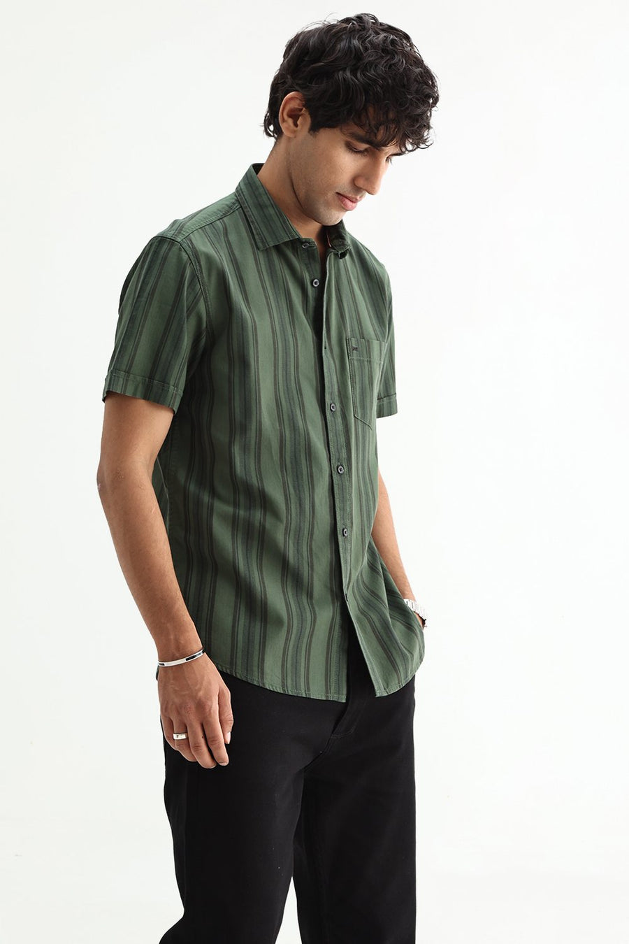 BASICS SLIM FIT GREEN FOREST COTTON HERRING BONE STRIPE SHIRT