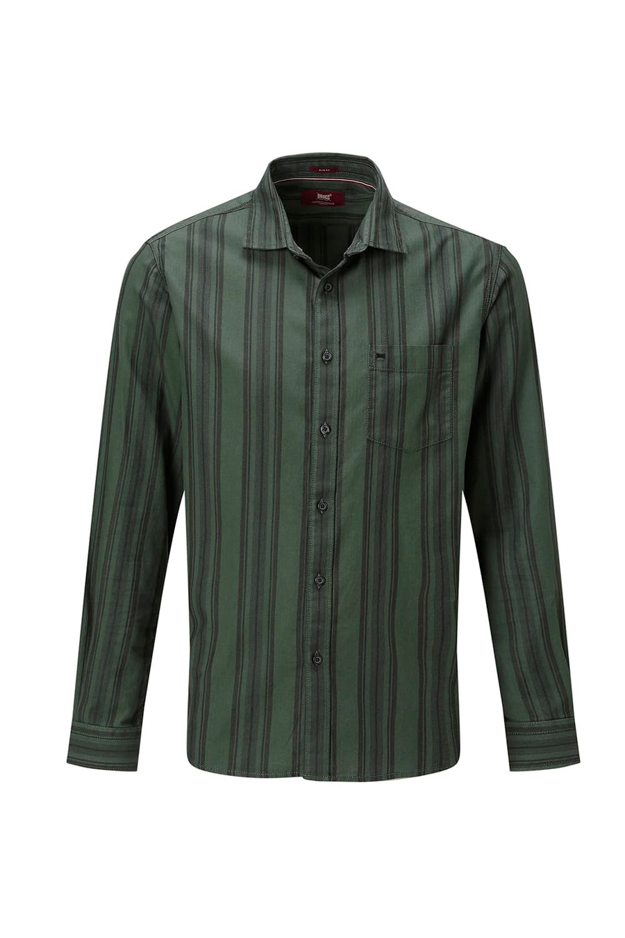 BASICS SLIM FIT GREEN FOREST COTTON HERRING BONE STRIPE SHIRT
