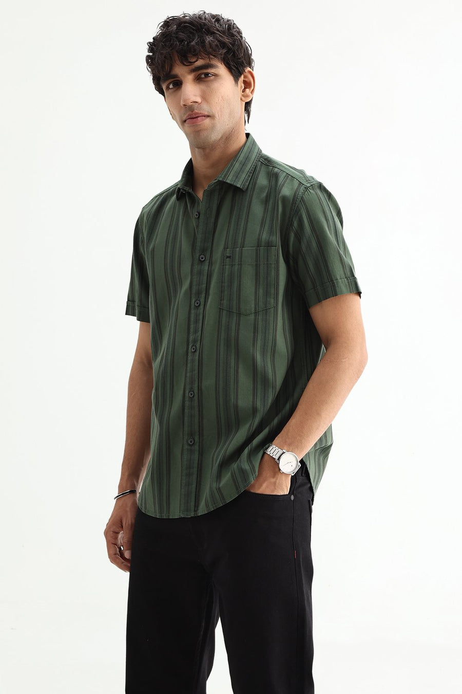 BASICS SLIM FIT GREEN FOREST COTTON HERRING BONE STRIPE SHIRT