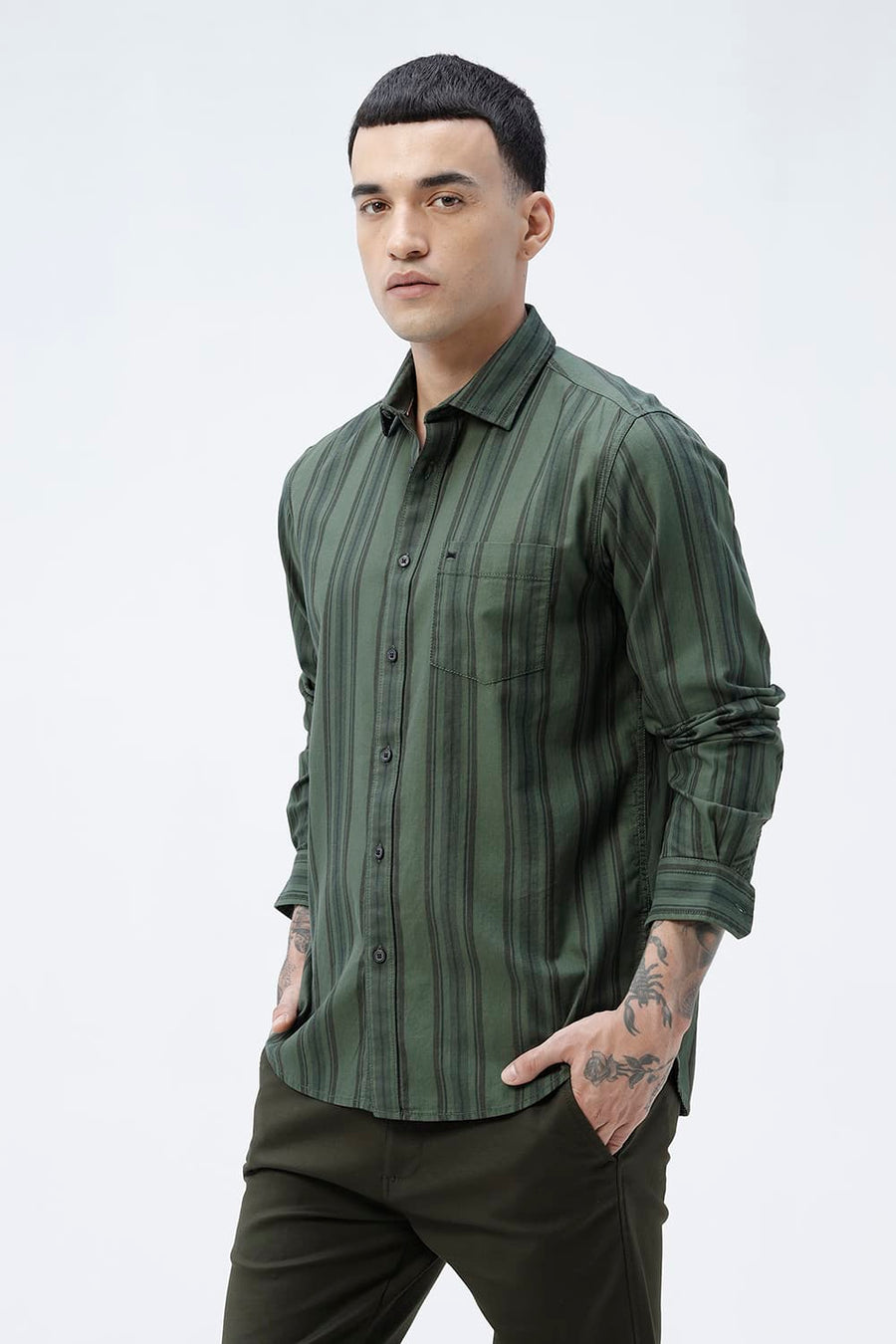 BASICS SLIM FIT GREEN FOREST COTTON HERRING BONE STRIPE SHIRT