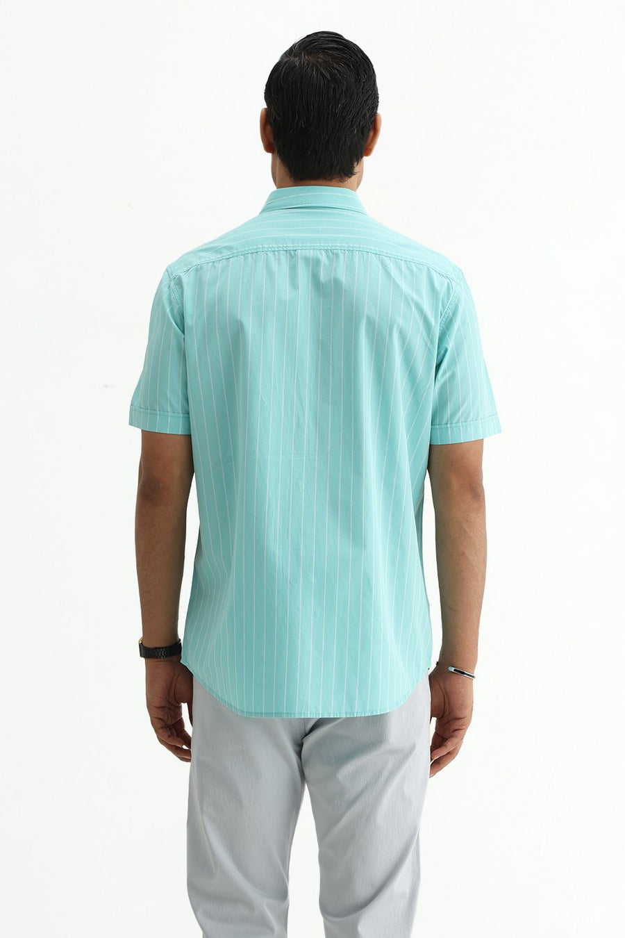 BASICS SLIM FIT COOL AQUA COTTON PLAIN STRIPES HALFSLEEVES SHIRT