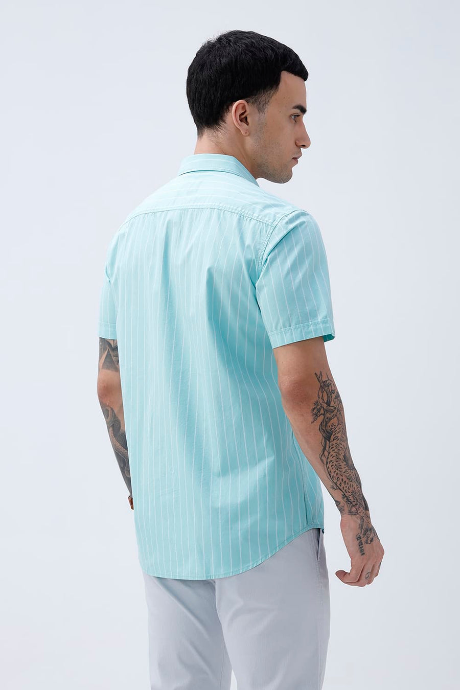 BASICS SLIM FIT COOL AQUA COTTON PLAIN STRIPES HALFSLEEVES SHIRT