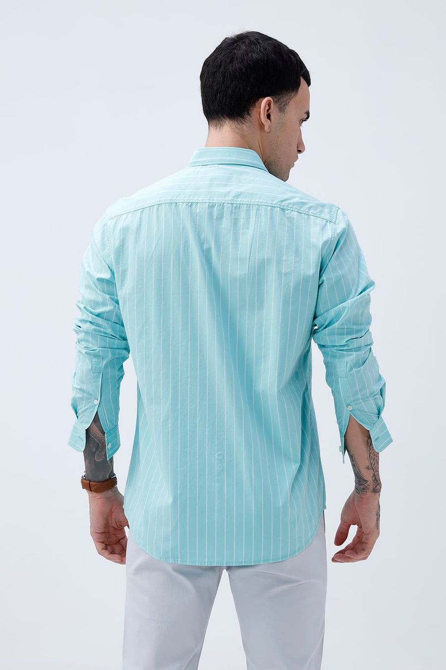 BASICS SLIM FIT COOL AQUA COTTON PLAIN STRIPES SHIRT