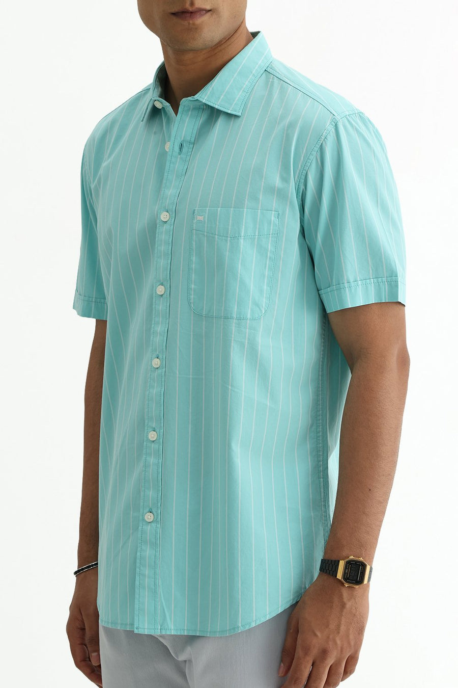 BASICS SLIM FIT COOL AQUA COTTON PLAIN STRIPES HALFSLEEVES SHIRT