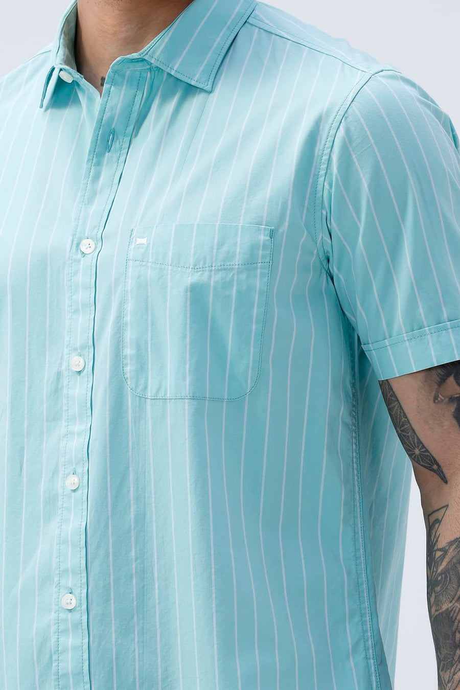 BASICS SLIM FIT COOL AQUA COTTON PLAIN STRIPES HALFSLEEVES SHIRT