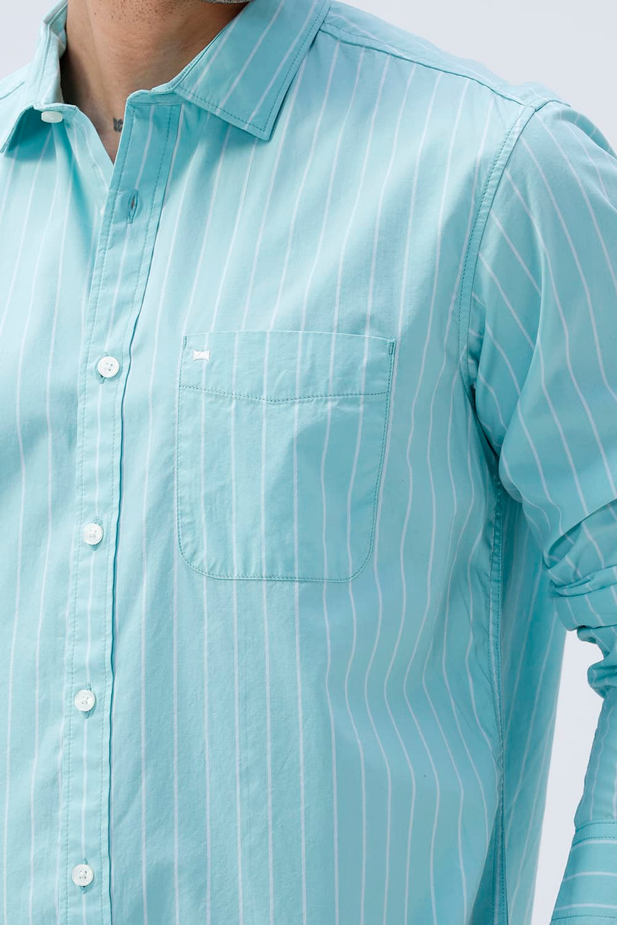 BASICS SLIM FIT COOL AQUA COTTON PLAIN STRIPES SHIRT