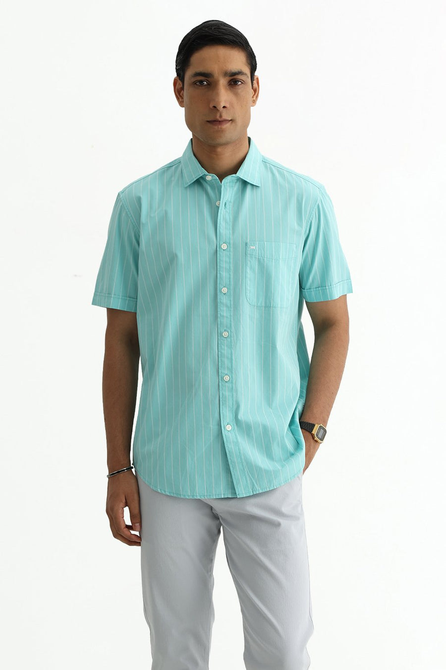 BASICS SLIM FIT COOL AQUA COTTON PLAIN STRIPES HALFSLEEVES SHIRT