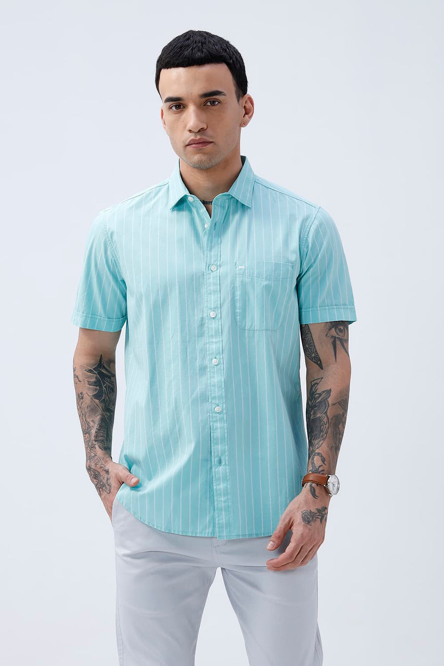 BASICS SLIM FIT COOL AQUA COTTON PLAIN STRIPES HALFSLEEVES SHIRT