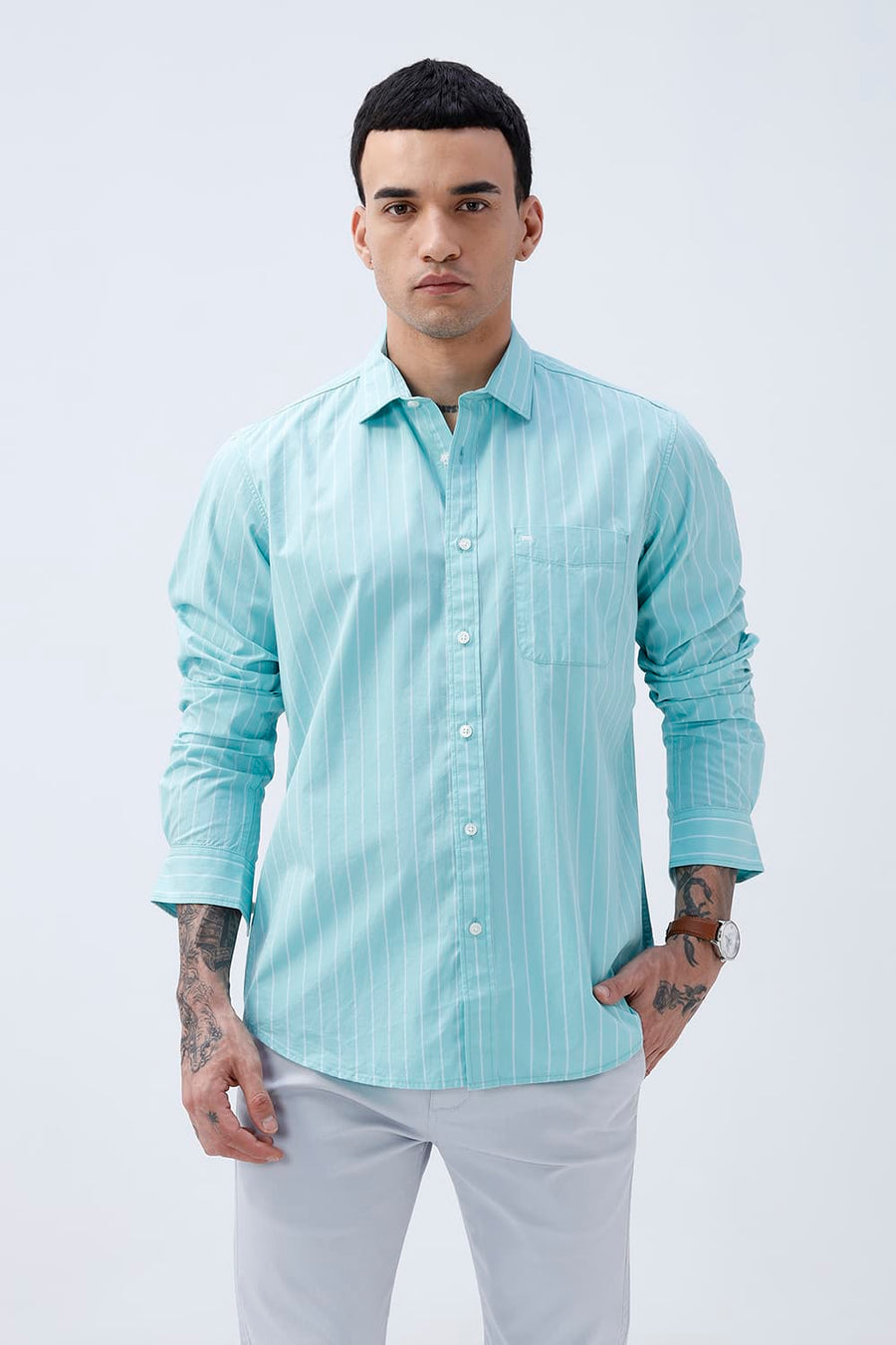 BASICS SLIM FIT COOL AQUA COTTON PLAIN STRIPES SHIRT