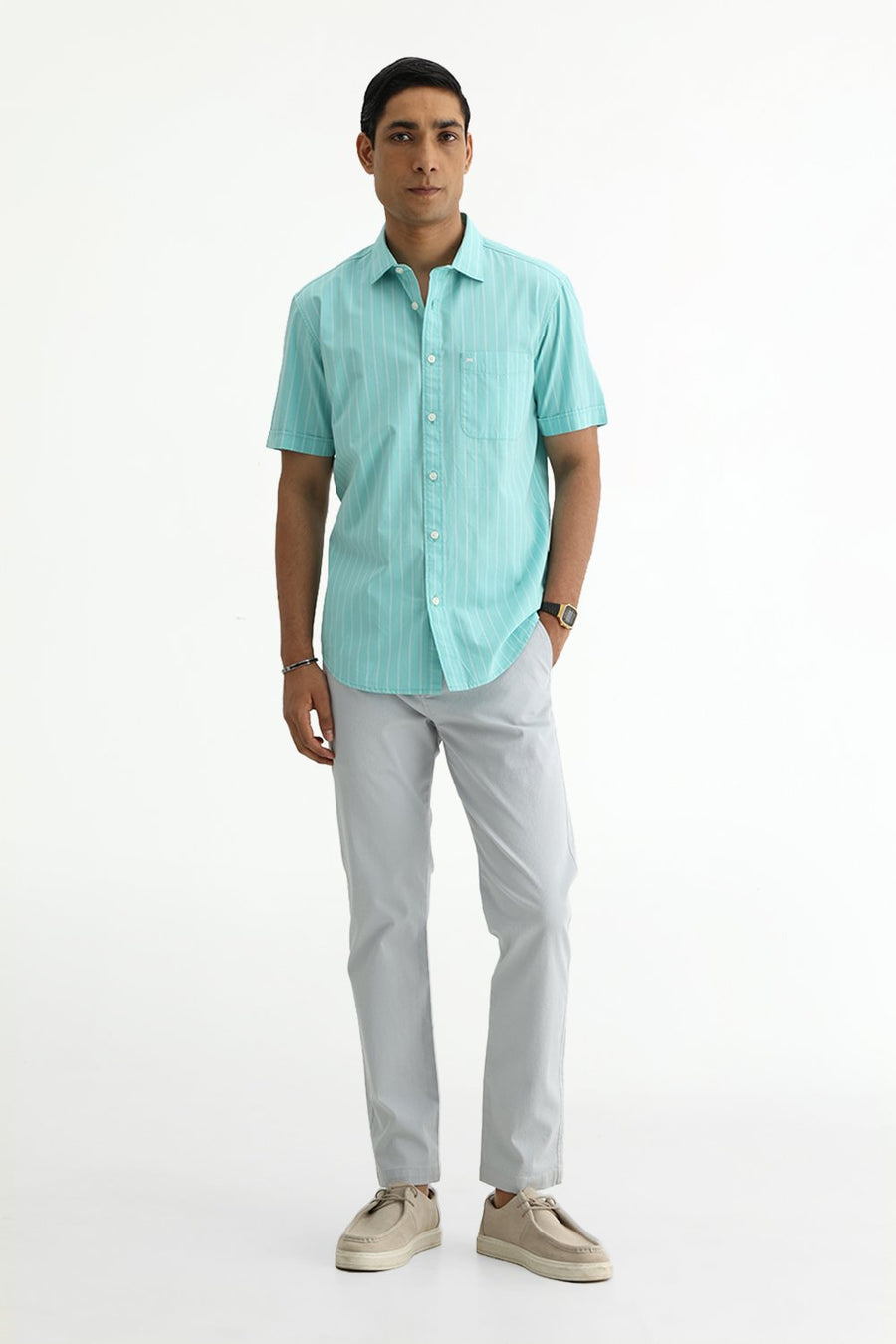 BASICS SLIM FIT COOL AQUA COTTON PLAIN STRIPES HALFSLEEVES SHIRT