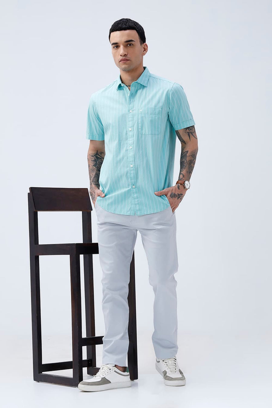 BASICS SLIM FIT COOL AQUA COTTON PLAIN STRIPES HALFSLEEVES SHIRT