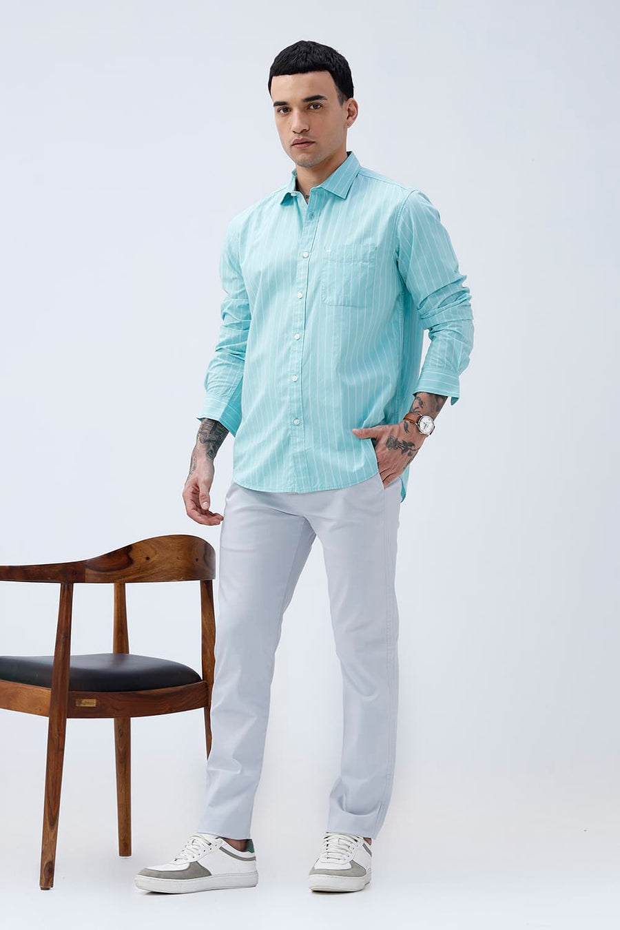 BASICS SLIM FIT COOL AQUA COTTON PLAIN STRIPES SHIRT
