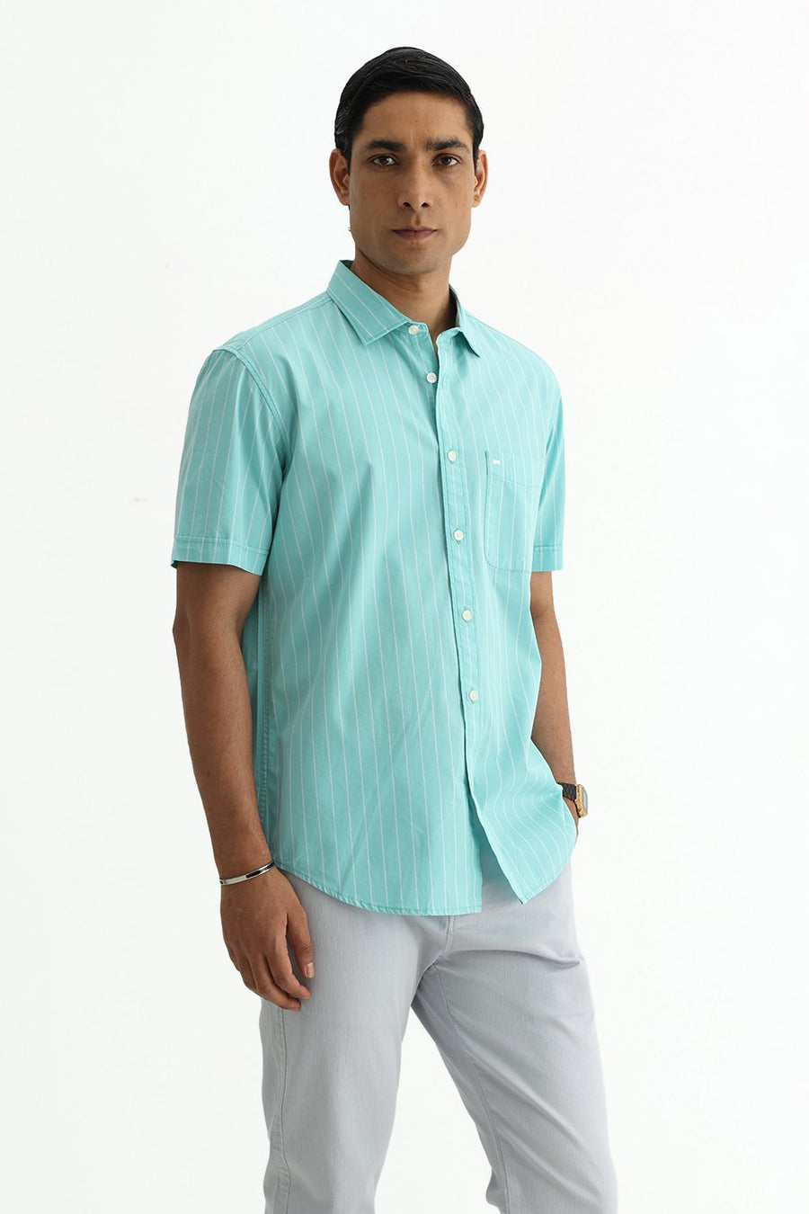 BASICS SLIM FIT COOL AQUA COTTON PLAIN STRIPES HALFSLEEVES SHIRT