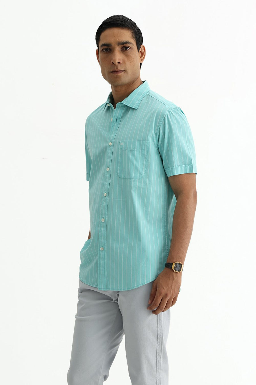 BASICS SLIM FIT COOL AQUA COTTON PLAIN STRIPES HALFSLEEVES SHIRT