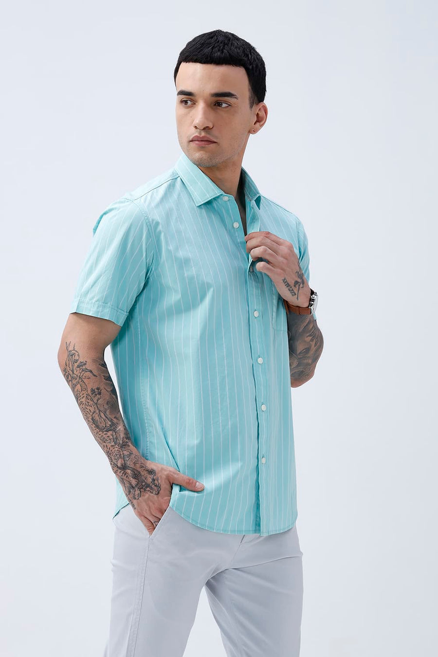 BASICS SLIM FIT COOL AQUA COTTON PLAIN STRIPES HALFSLEEVES SHIRT