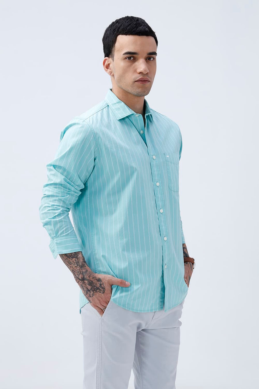 BASICS SLIM FIT COOL AQUA COTTON PLAIN STRIPES SHIRT
