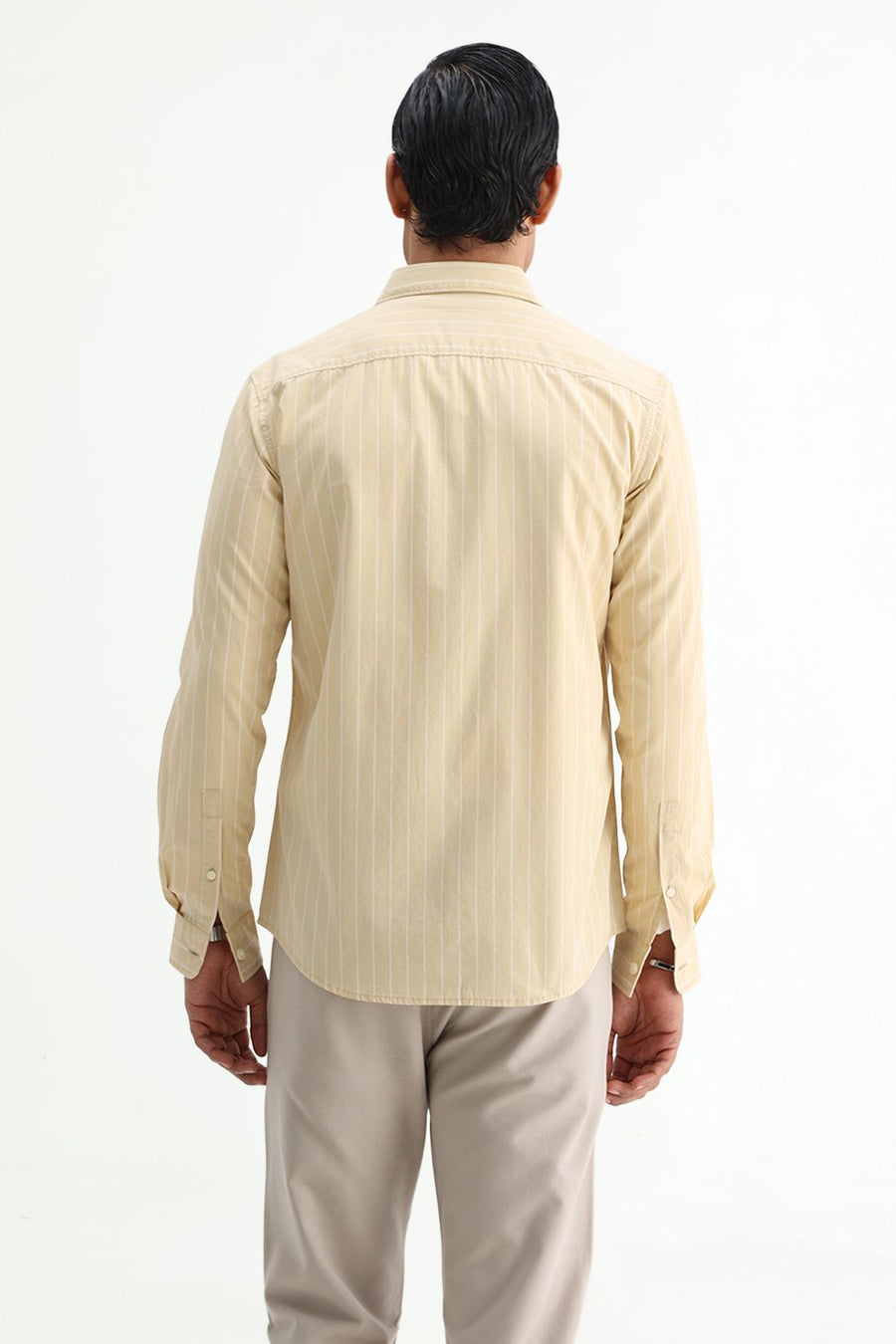 BASICS SLIM FIT BEIGE DESERT COTTON PLAIN STRIPES SHIRT