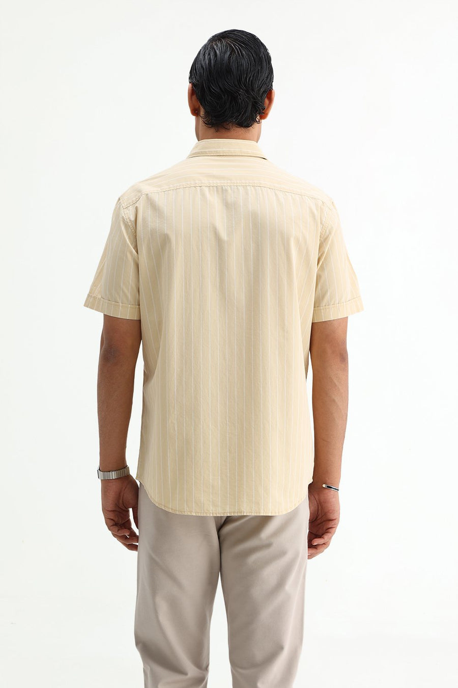 BASICS SLIM FIT BEIGE DESERT COTTON PLAIN STRIPES HALFSLEEVES SHIRT