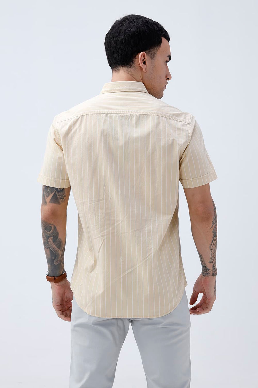 BASICS SLIM FIT BEIGE DESERT COTTON PLAIN STRIPES HALFSLEEVES SHIRT