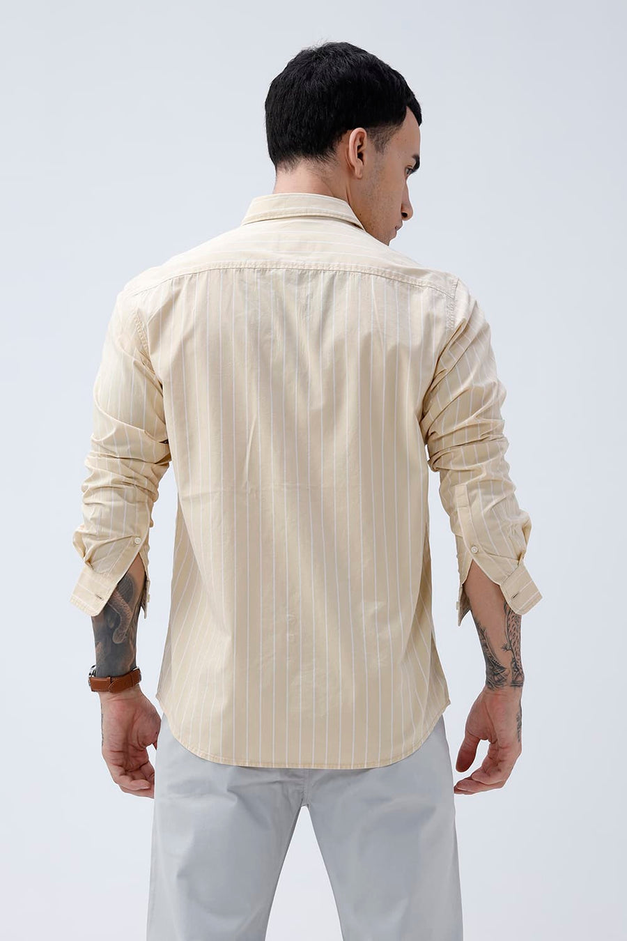 BASICS SLIM FIT BEIGE DESERT COTTON PLAIN STRIPES SHIRT