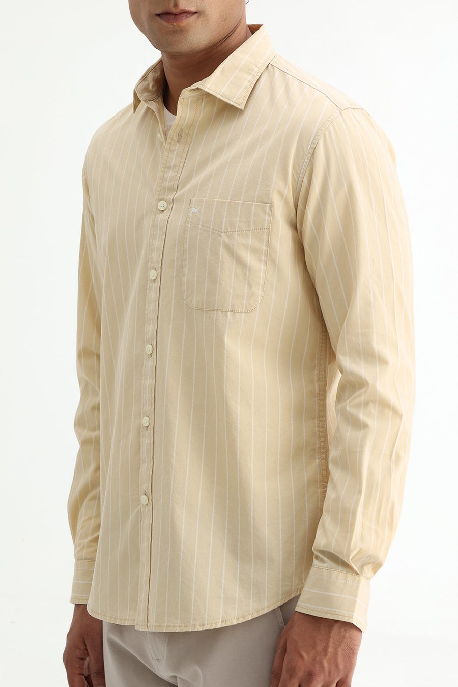 BASICS SLIM FIT BEIGE DESERT COTTON PLAIN STRIPES SHIRT