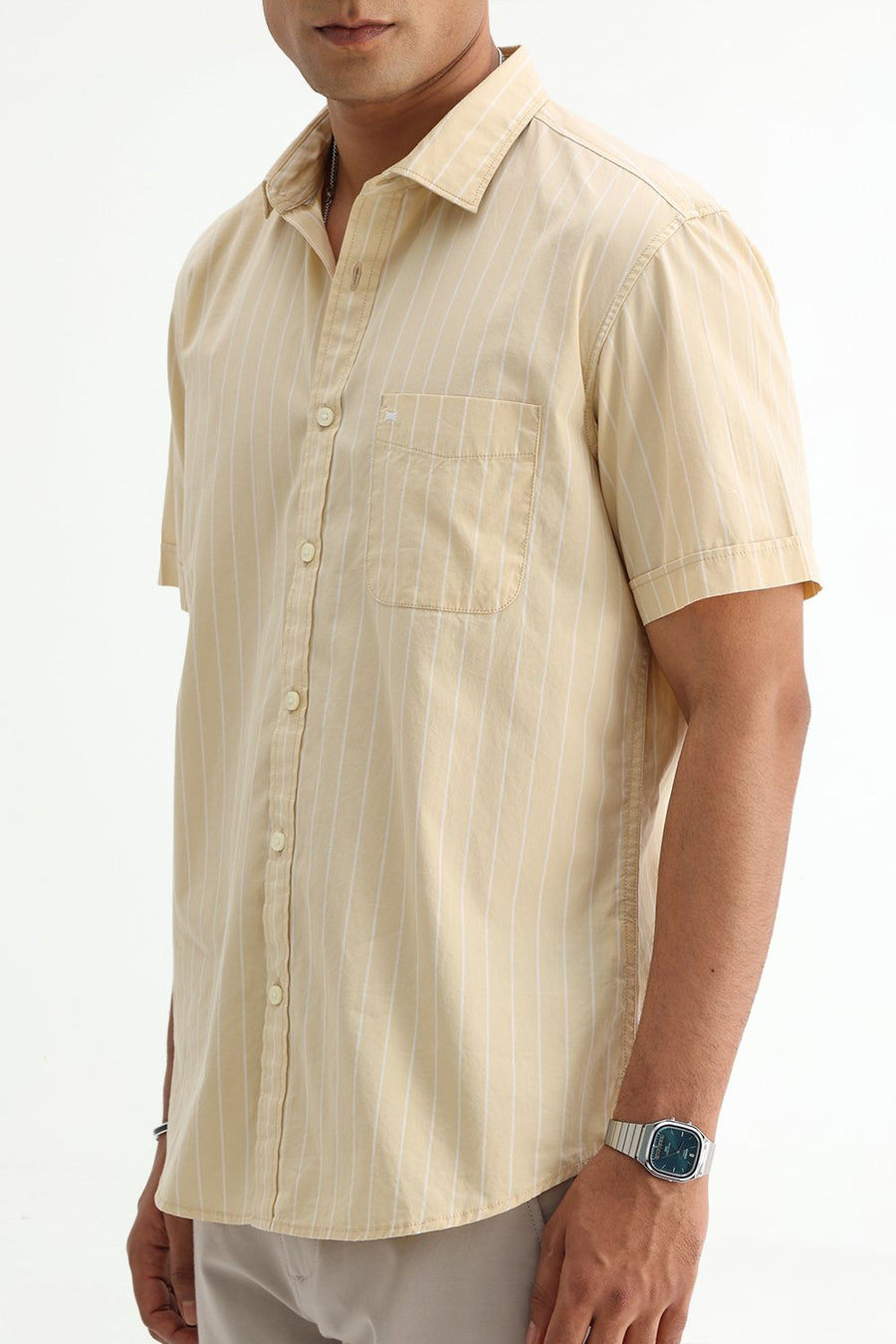 BASICS SLIM FIT BEIGE DESERT COTTON PLAIN STRIPES HALFSLEEVES SHIRT