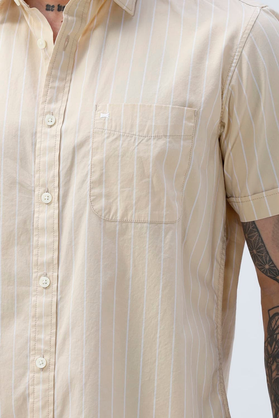 BASICS SLIM FIT BEIGE DESERT COTTON PLAIN STRIPES HALFSLEEVES SHIRT