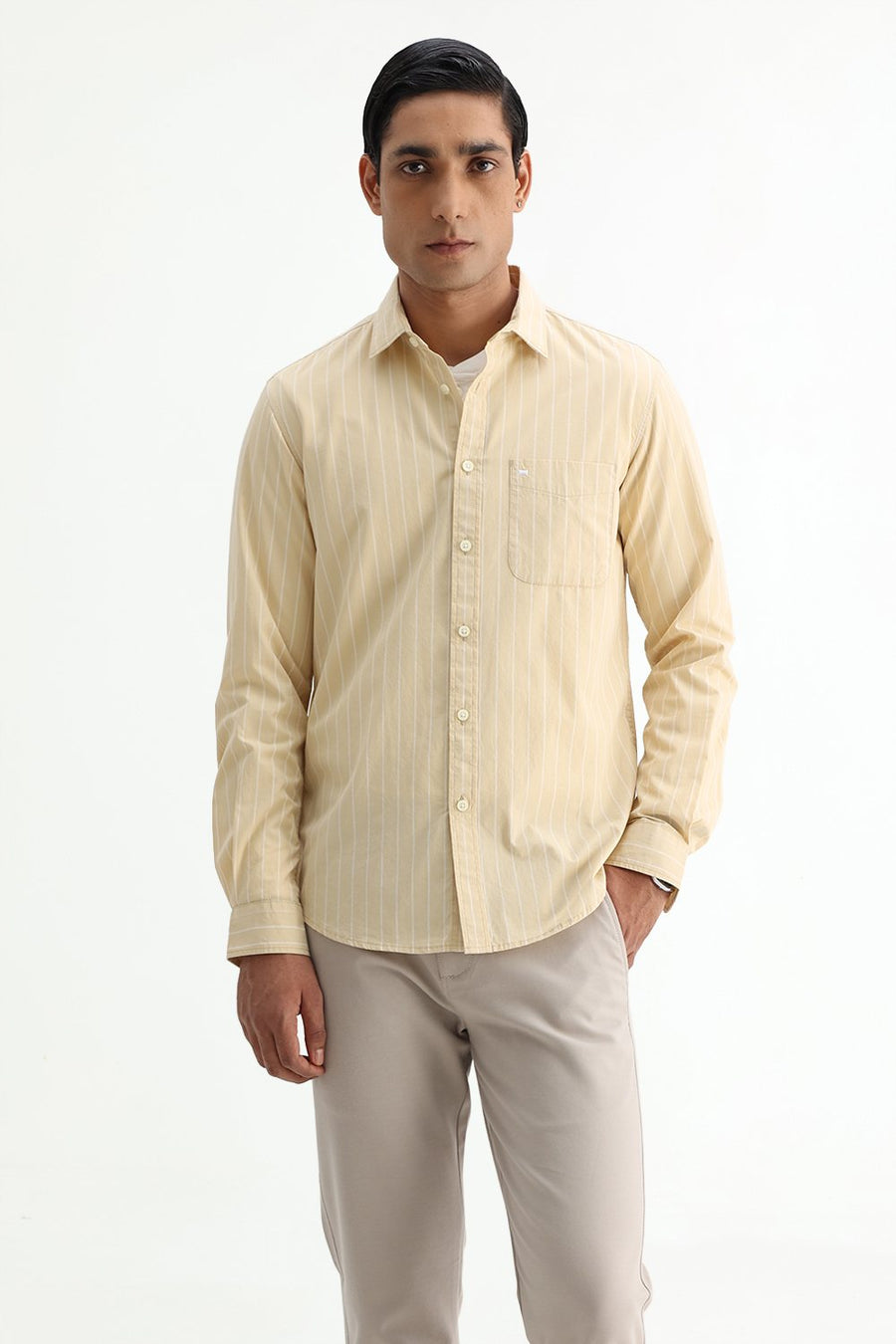 BASICS SLIM FIT BEIGE DESERT COTTON PLAIN STRIPES SHIRT