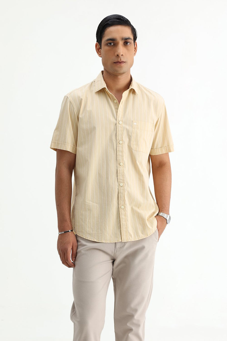 BASICS SLIM FIT BEIGE DESERT COTTON PLAIN STRIPES HALFSLEEVES SHIRT
