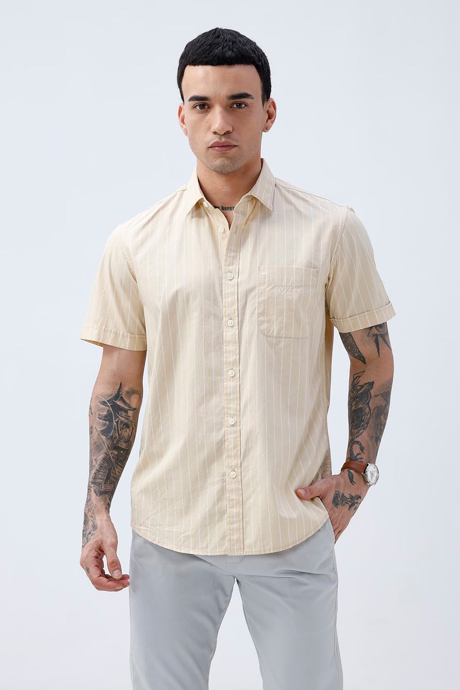 BASICS SLIM FIT BEIGE DESERT COTTON PLAIN STRIPES HALFSLEEVES SHIRT