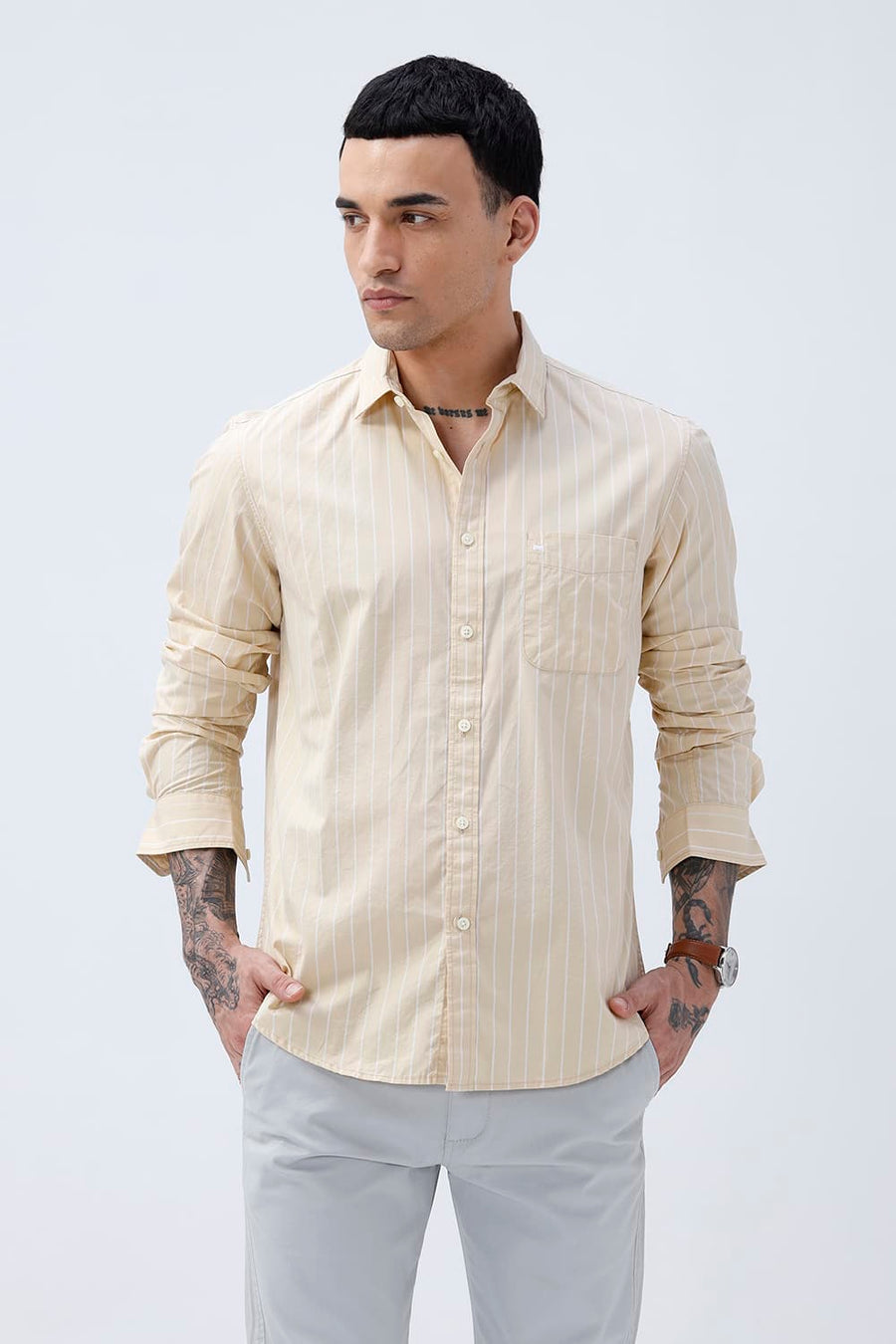 BASICS SLIM FIT BEIGE DESERT COTTON PLAIN STRIPES SHIRT