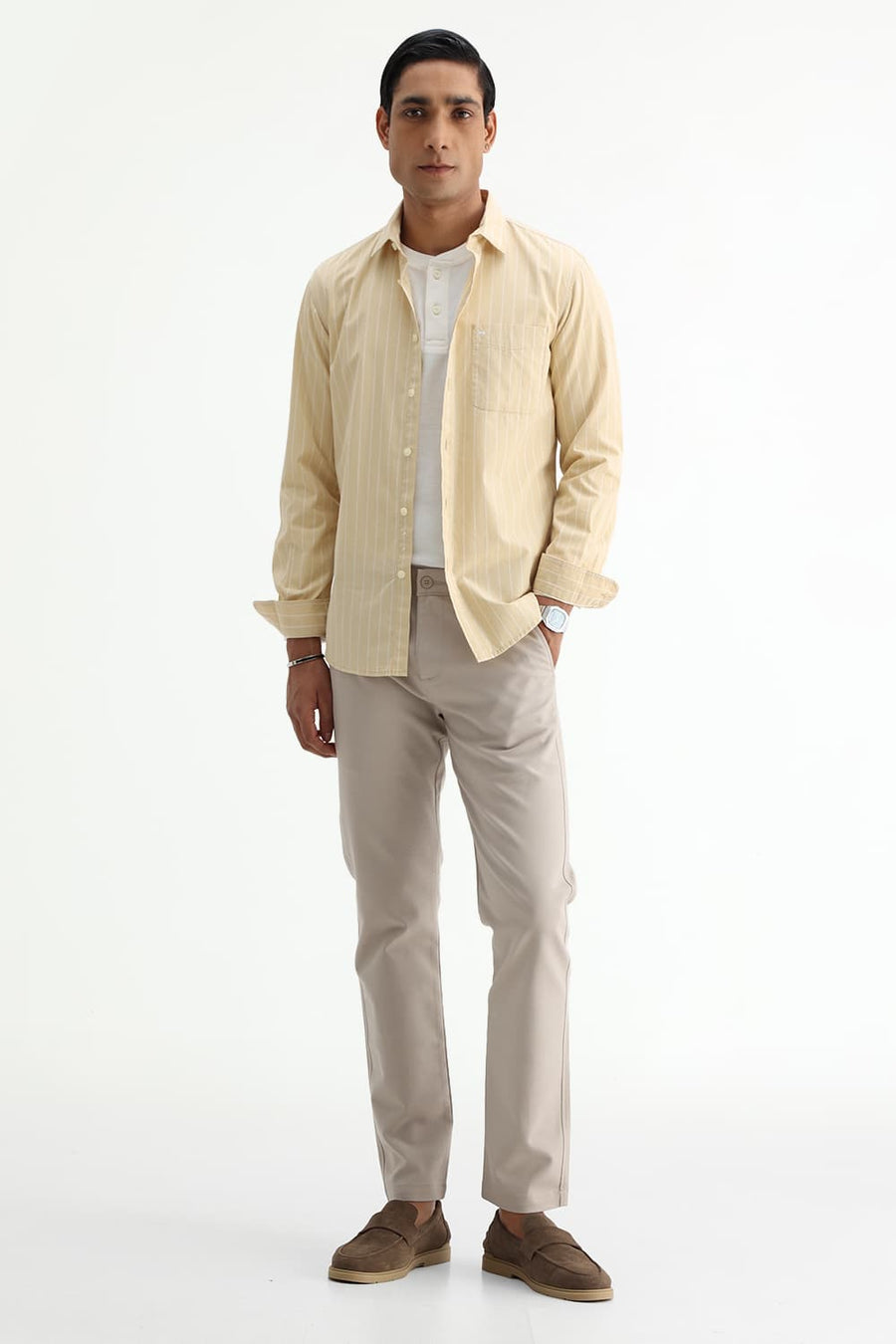 BASICS SLIM FIT BEIGE DESERT COTTON PLAIN STRIPES SHIRT