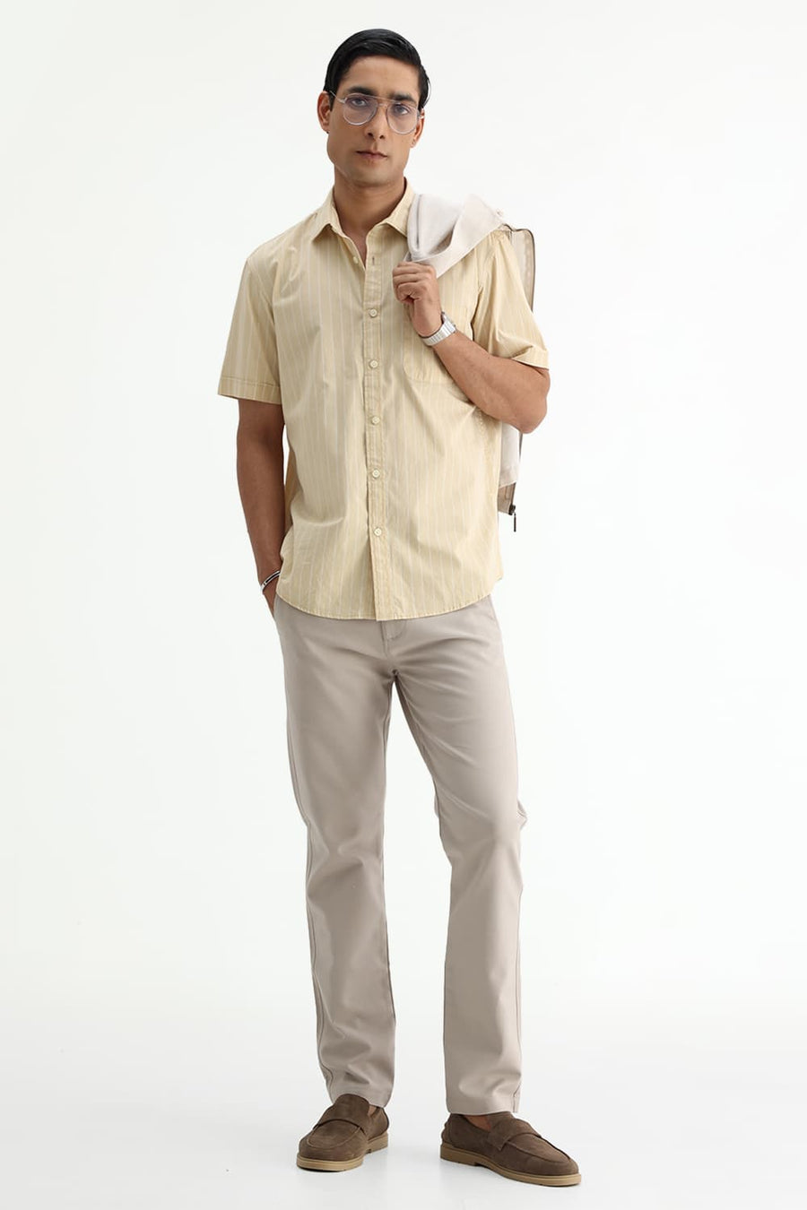 BASICS SLIM FIT BEIGE DESERT COTTON PLAIN STRIPES HALFSLEEVES SHIRT