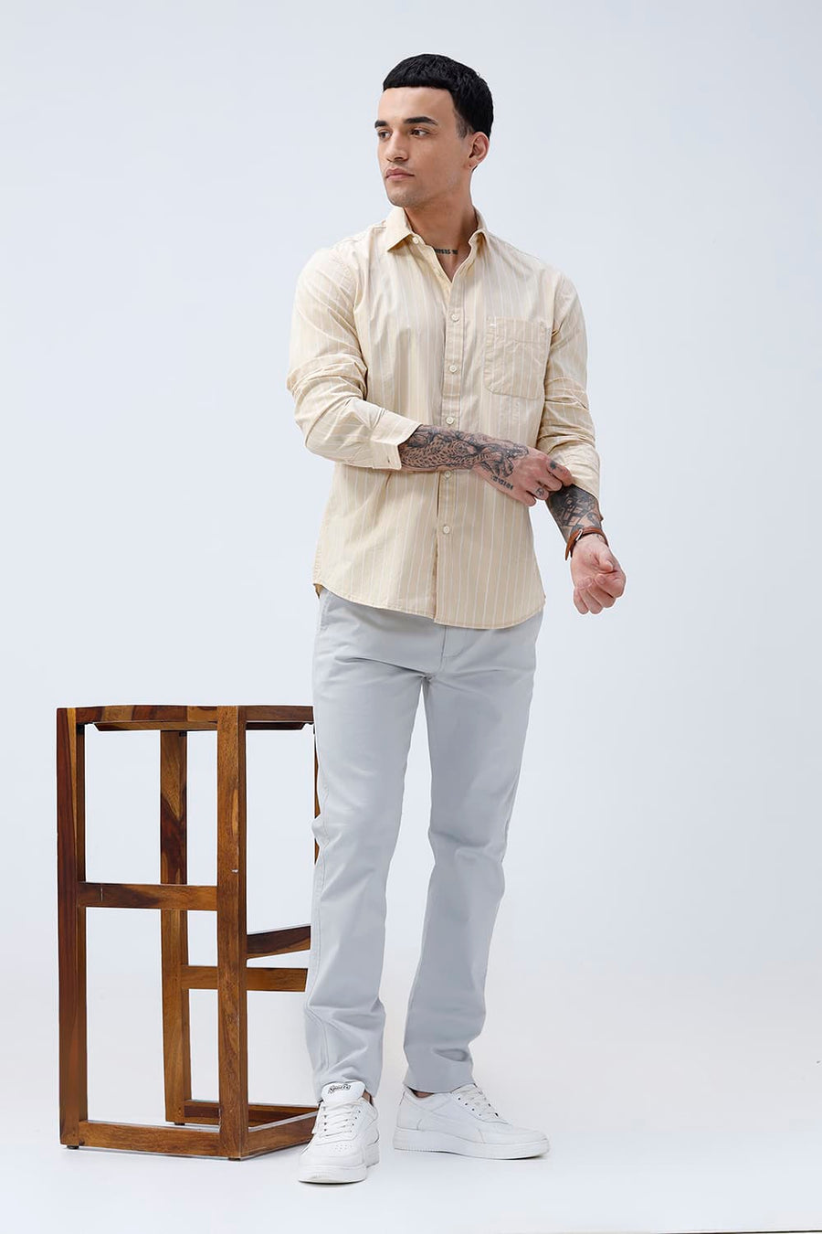 BASICS SLIM FIT BEIGE DESERT COTTON PLAIN STRIPES SHIRT