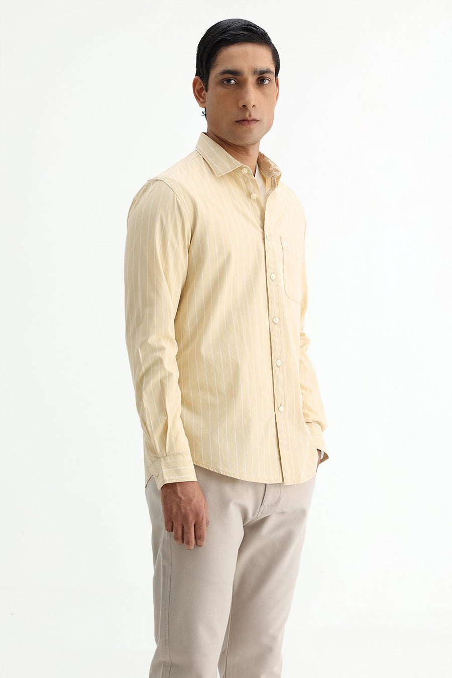 BASICS SLIM FIT BEIGE DESERT COTTON PLAIN STRIPES SHIRT