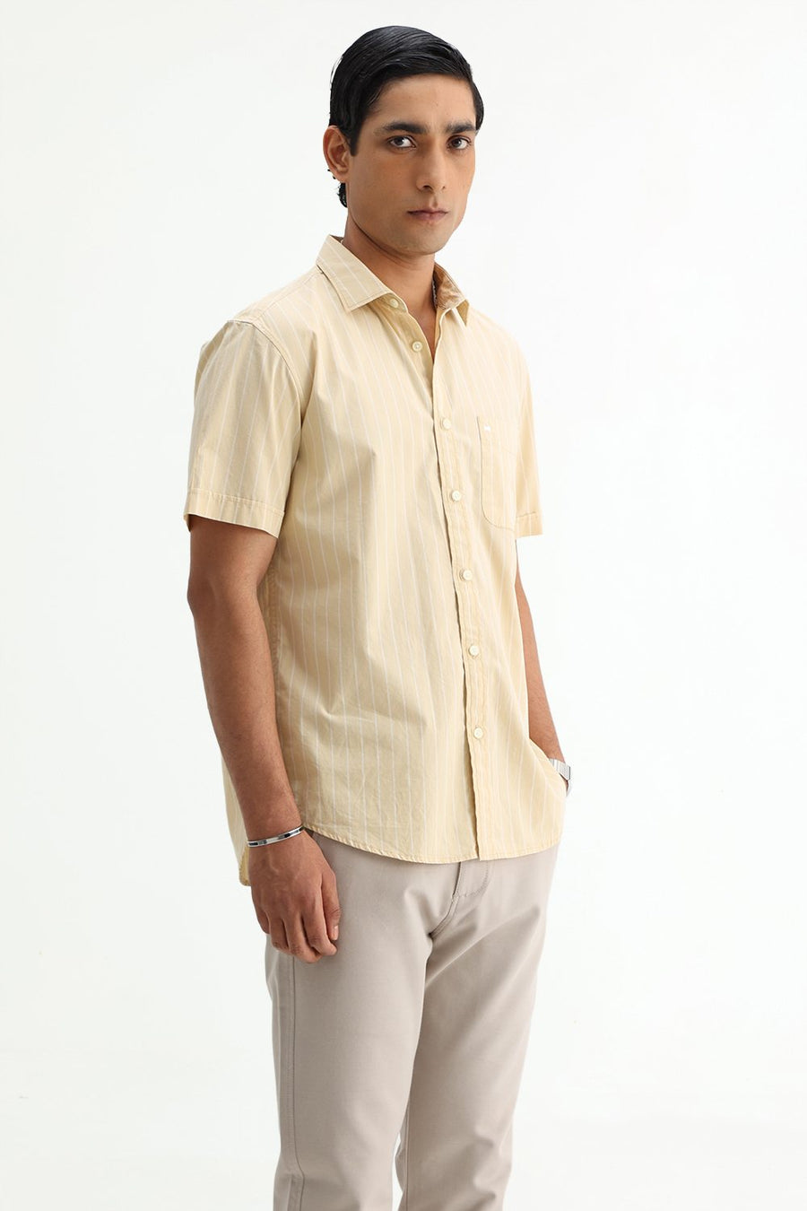 BASICS SLIM FIT BEIGE DESERT COTTON PLAIN STRIPES HALFSLEEVES SHIRT
