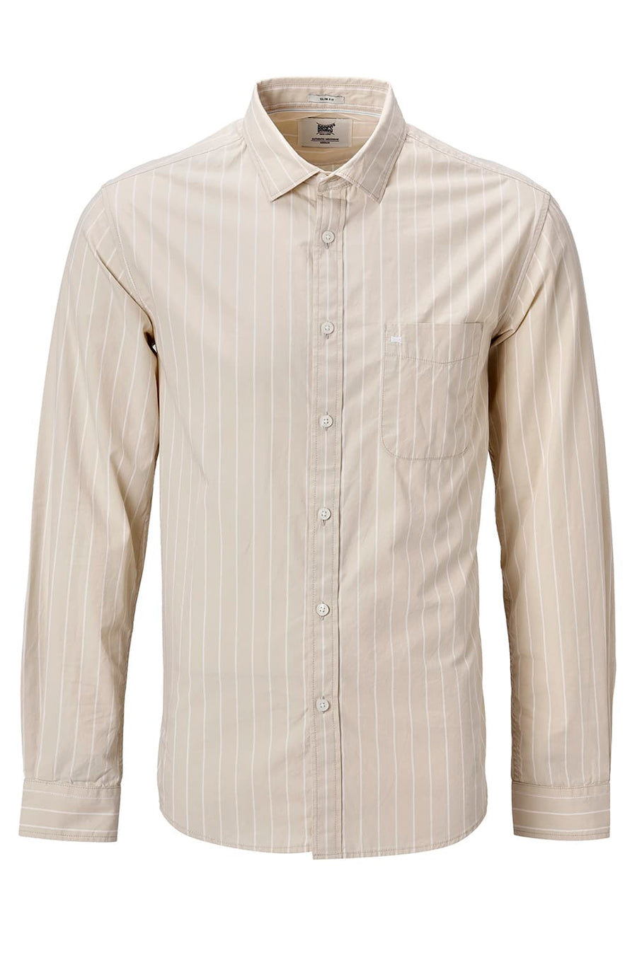 BASICS SLIM FIT BEIGE DESERT COTTON PLAIN STRIPES SHIRT