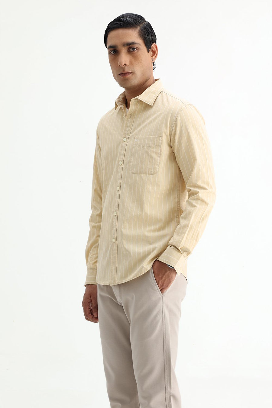 BASICS SLIM FIT BEIGE DESERT COTTON PLAIN STRIPES SHIRT